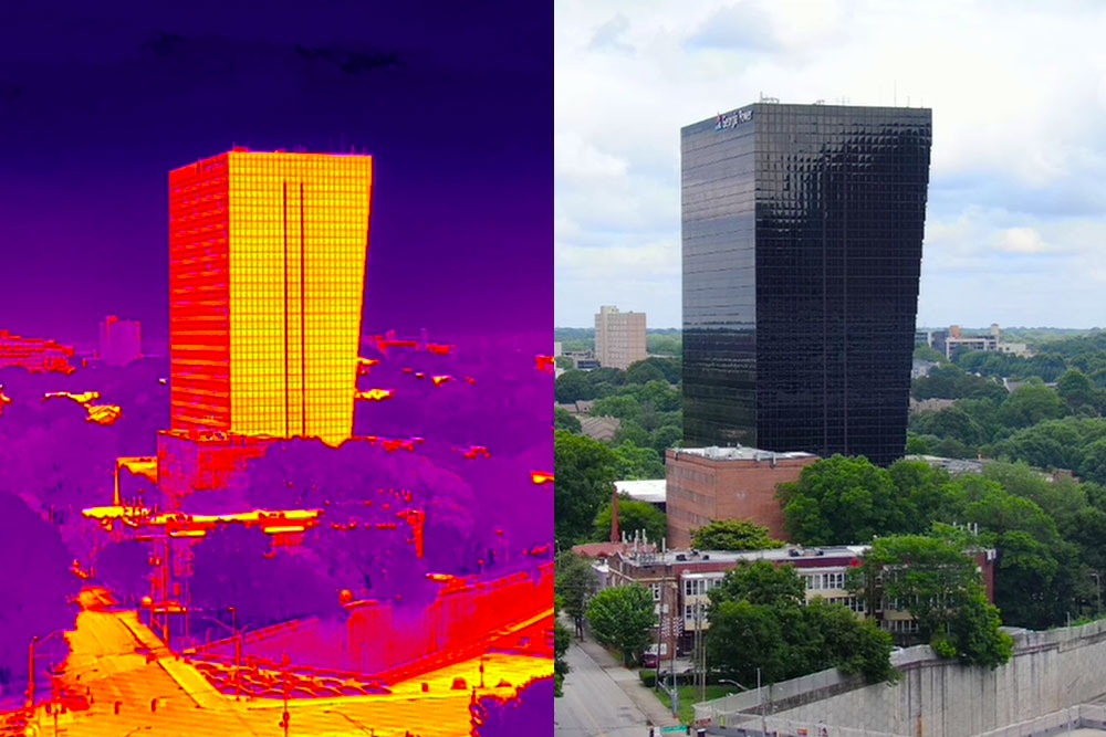 Midtown Promenade | The Georgia Drone A split screen image of the Georgia Power building